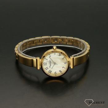 Zegarek damski Bruno Calvani BC9500 złoty perłowa tarcza. Zegarek damski w złotej kolorystyce z elegancką perłową tarczą. Tarcza zegarka z czarnymi cyframi arabskimi, nadaję całości świetnego kontrastu (4).jpg